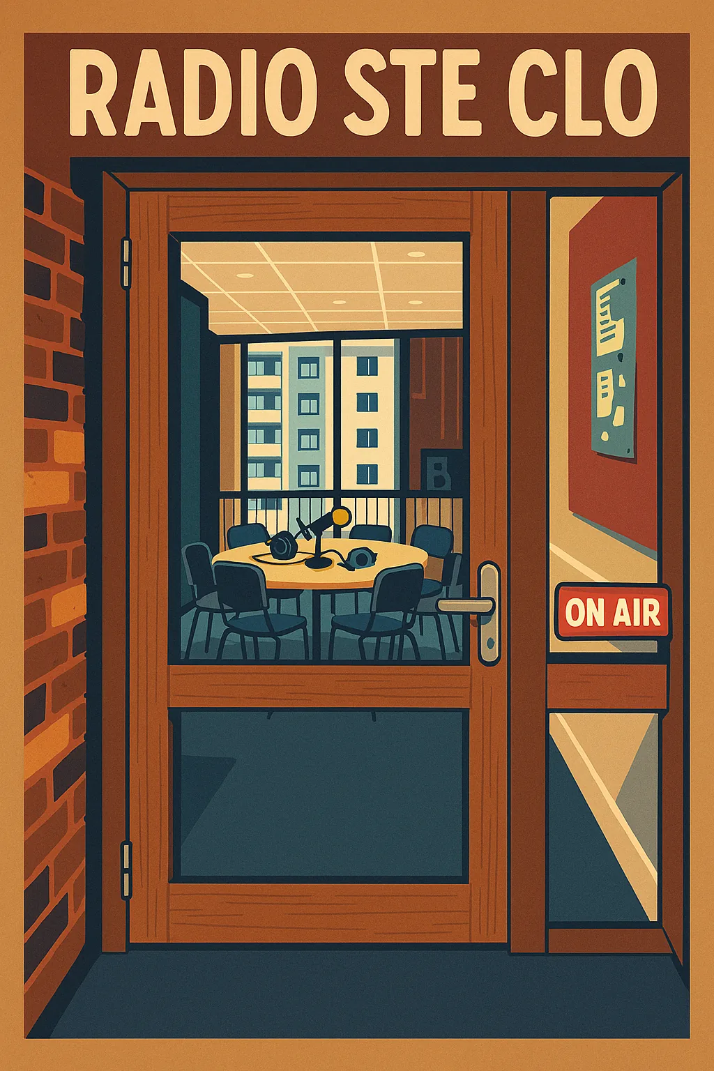 Affiche illustrée du studio de Radio Ste Clo : une porte ouverte sur un studio avec quatre micros autour d'une table, et un panneau « On air ».